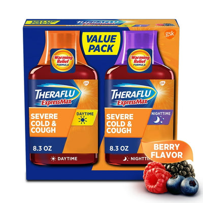 Theraflu Expressmax Severe Cough Cold and Flu Day and Nighttime Relief Medicine Syrup, 8.3 Oz, 2 Pack